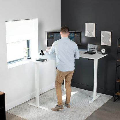 VIVO Corner Standing Desk, 63 x 55 inch Reversible L-Shaped Workstation, Electric Height Adjustment, Home, Office, and Reception Rooms, White Table Top White Frame, DESK-E3CTW