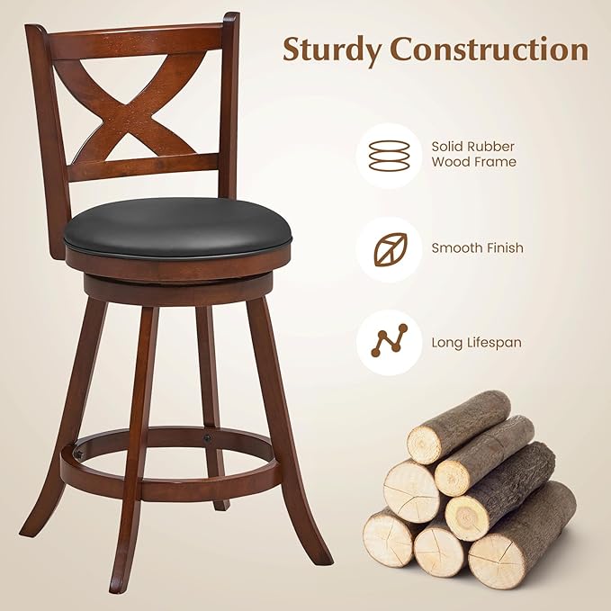 COSTWAY Bar Stools Set of 4, 24 Inch Classic Counter Height Chairs with X-Shaped Open Back, 4 PCS Swivel Barstool Set for Kitchen Island, Pub, Bistro, Café, Espresso (4, 24 Inch)