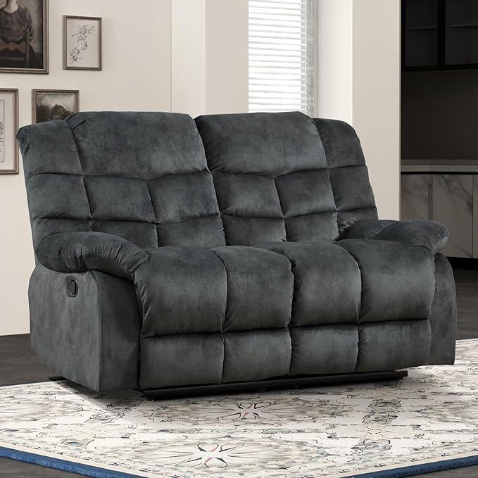 EBELLO Manual Loveseat Recliner for Living Room, Extra Wide Modern Overstuffed 2 Seat Reclining Couch Sofa, Breathable Fabric and Padded Cushion, Grey Green