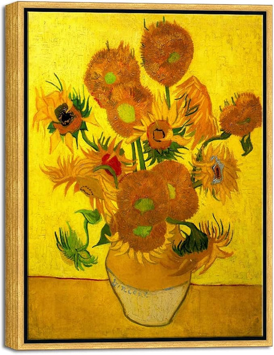 Wieco Art Framed Wall Art of Vase with Fifteen Sunflowers by Vincent Van Gogh Paintings Reproduction Abstract Canvas Prints for Home Living Room Decorations Bronze Gold Frame