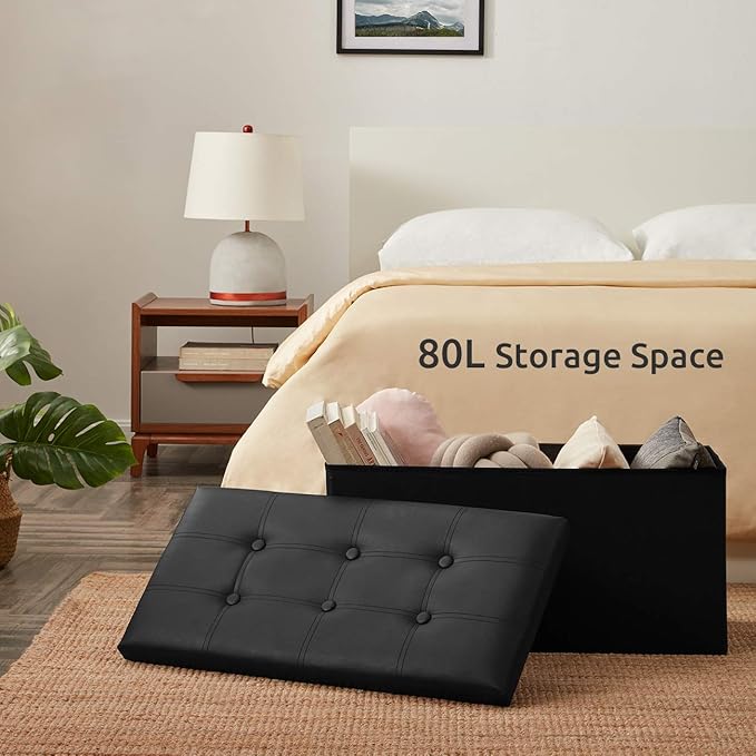 YOUDENOVA 30 inches Folding Storage Ottoman, 85L Storage Ottoman Bench for Living Bedroom and Hallway, Faux Leather Black Footrest with Foam Padded Seat, Black