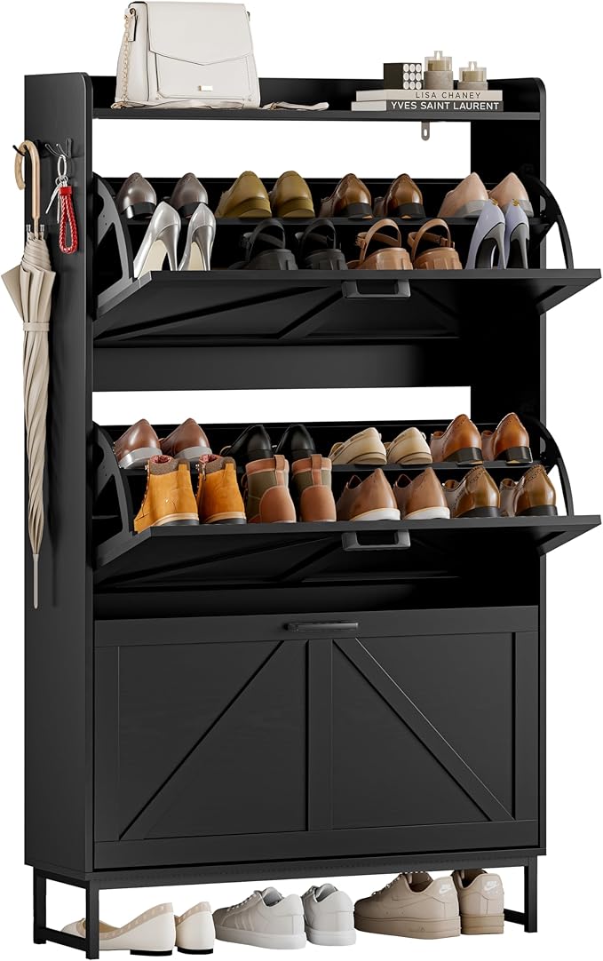 Shoe Cabinet Storage for Entryway, Shoe Storage Cabinet with 3 Flip Drawers, Freestanding Narrow Shoe Rack Organizer with Metal Legs & Side Hook for Foyer, Hallway, Black