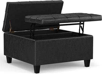 SIMPLIHOME Harrison 30 inch Wide Transitional Square Small Coffee Table Storage Ottoman in Distressed Black Vegan Faux Leather, Assembled, for The Living Room and Bedroom