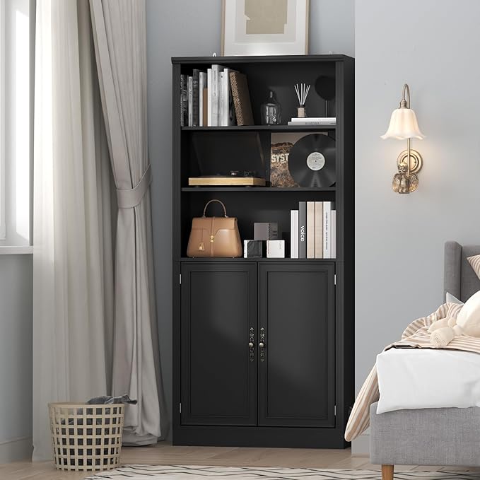72'' Tall Bookcase with Doors, Adjustable Shelves, P2 MDF Construction, 32'' Wide Freestanding Cabinet with Metal Handles, Hidden Storage for Living Room, Bedroom, Black