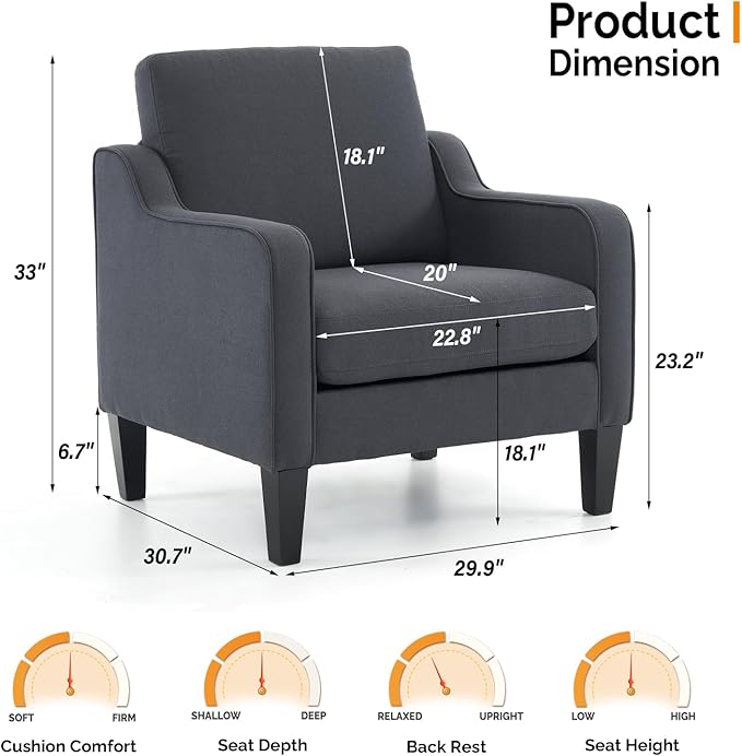VINGLI Mid-Century Modern Accent Chair, Dark Grey Linen Upholstered, Comfortable & Supportive, 380lbs Weight Limit, Perfect for Living Room, Bedroom, Office
