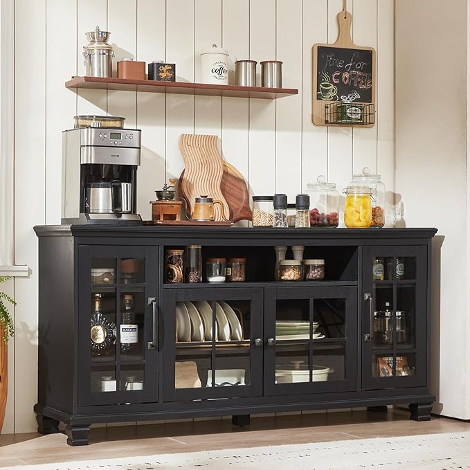 Large Black Sideboard Buffet Cabinet with Storage, Vintage Farmhouse 60" Wide Credenza Accent Cabinets with Glass Doors & Wood Legs, Kitchen Console Bar Table for Dining Room, Living Room