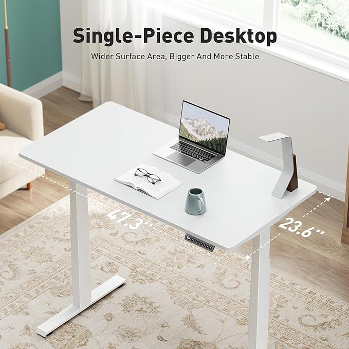 3 Stages Dual Motor Electric Standing Desk with One Piece Desktop, 48 x 24 Inch Adjustable Height Sit to Stand Up Desk for Home Office, Work & Study, White Frame & White Desktop (2 Packages)