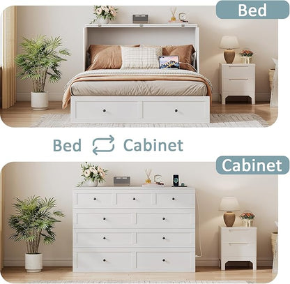 Full Size Murphy Bed with Charging Station & Drawer, Full Size Mobile Cabinet Bed Frame, Murphy Chest Bed for Bedroom, Guest Room