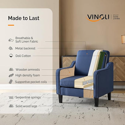 VINGLI Navy Blue Accent Chairs for Living Room, Line Comfy Upholstered Chair Mid Century Modern Armchair for Bedroom, Home Office, Small Spaces, Apartment