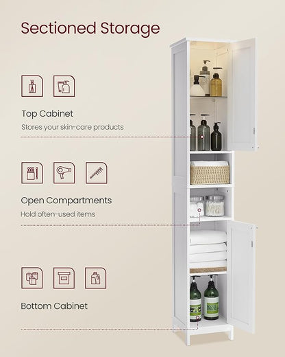 VASAGLE Tall Storage Cabinet with Lights, Slim Freestanding Cabinet with Adjustable Shelves, for Small Spaces, Bathroom, Living Room, Modern, 11.8 Inches Wide, Cloud White UBBC566W02
