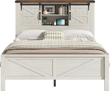 AMERLIFE Farmhouse Full Bed Frame, Rustic Wood Platform Bed Barn Door Storage Bookcase Headboard & Charging Station, Bedroom Furniture, No Box Spring Needed, Antique White