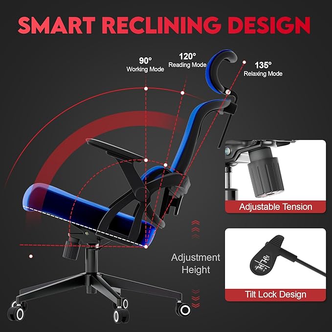 Ergonomic Office Chair - 400LB Comfy Desk Chairs with Adjustable Headrest and Lumbar Back Support, Mesh Computer Chairs with Wheels and Arms for Home Office, Study, Bedroom and Dorm (01blue)