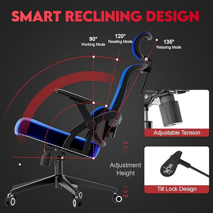 Ergonomic Office Chair - 400LB Comfy Desk Chairs with Adjustable Headrest and Lumbar Back Support, Mesh Computer Chairs with Wheels and Arms for Home Office, Study, Bedroom and Dorm (01blue)