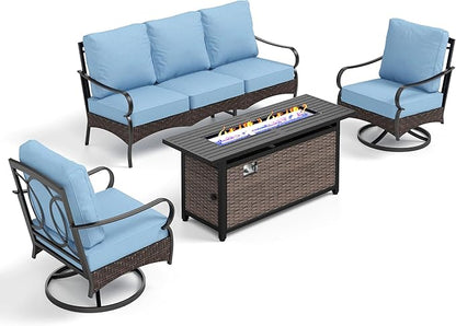 PHI VILLA Patio Furniture Set with 56" Fire Pit Table, Premium Outdoor Wicker Metal Frame Furniture with Upgraded Waterproof Thick Cushions for Porch, Poolside, Deck, and Yard （4 Pieces,Blue）