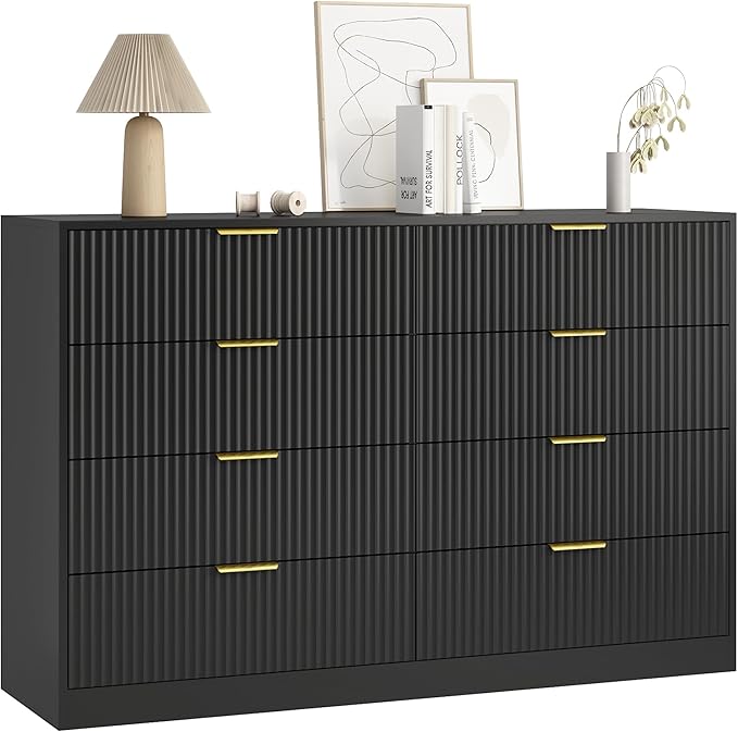 3-Piece Modern Bedroom Furniture Set, Wide 8-Drawer Dresser & 2-Drawer Nightstands Set of 2, Natural Wood Dresser and Nightstand Sets for Bedroom, Hallway, Black