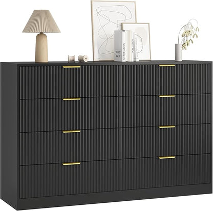 3-Piece Modern Bedroom Furniture Set, Wide 8-Drawer Dresser & 2-Drawer Nightstands Set of 2, Natural Wood Dresser and Nightstand Sets for Bedroom, Hallway, Black