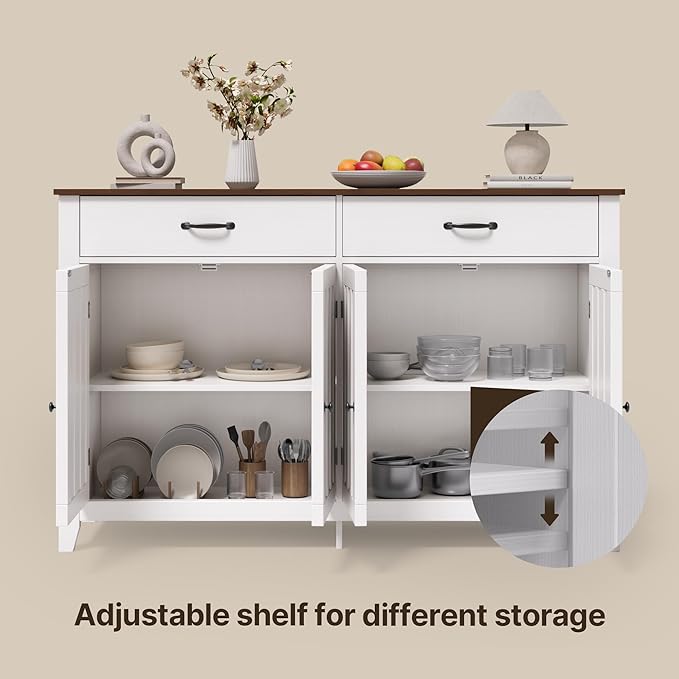 Gizoon 55" Buffet Cabinet with Storage, Sideboard Buffet with Drawers and Doors, Kitchen Storage Cabinet, Kitchen Pantry Adjustable Shelf, Metal Handle, Anti-Dumping, R Angle, Retro