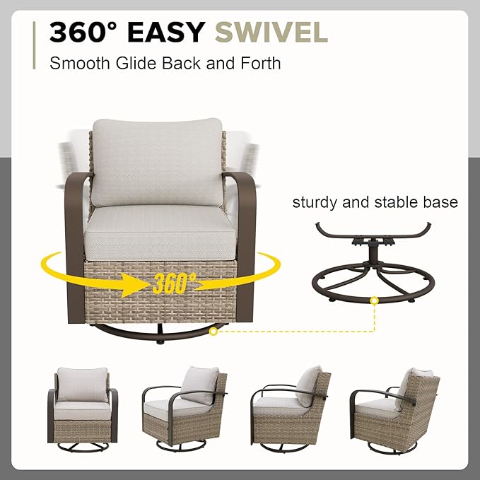 COOS BAY Aurora Terrace Half-Moon Outdoor Furniture Set, Rattan Conversation Set with Swivel Rockers, Curved 5-Seat Sofa, Coffee Table, Seats 7, Beige/Beige