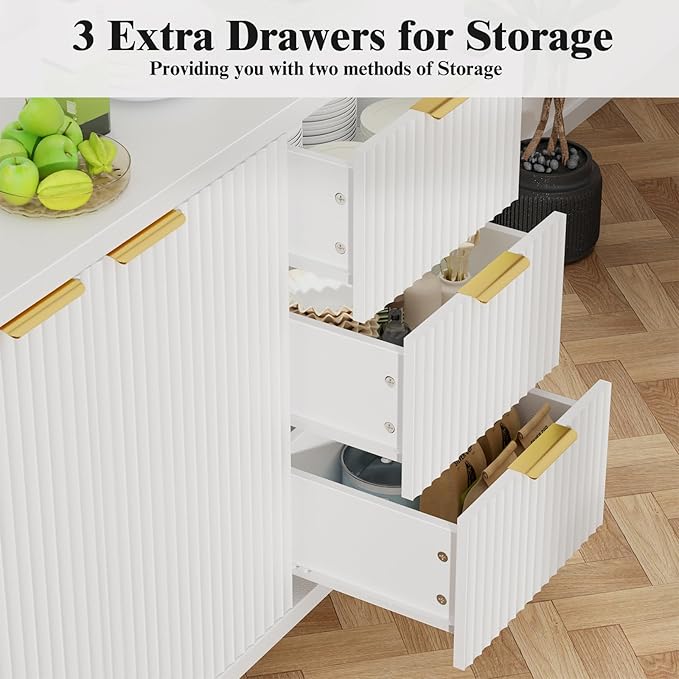 Fluted Sideboard Buffet Cabinet, 46.5" Storage Buffet Cabinet with 2 Doors & 3 Drawers, Modern Wood Sideboard Console for Living Room, Dinning Room, Kitchen, White