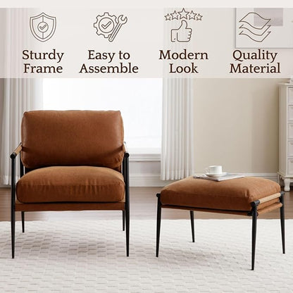 LukeAlon Mid-Century PU Leather Accent Chair with Ottoman, Soft Living Room Chair with Metal Legs Wood Arms Modern Upholstered Lounge Chair Leisure Chair with Footstool for Bedroom Reading Room, Brown