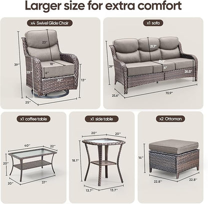 Swivel Patio Chairs sofa Set of 9 with 6" Thick Cushion - Wicker Outdoor Swivel Rocker Patio Chair ,Sofa/Glass coffee table, High Back Comfortable Outdoor Glider Chairs -Brown Wicker | Gery Cushions