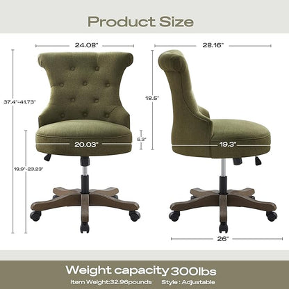 HUIMO Home Office Chair Upholstered Armless Desk Chair with Wheels Adjustable Height Computer Desk Chair with Wooden Legs Comfortable Swivel Chair for Home Office Study Studio (Green)
