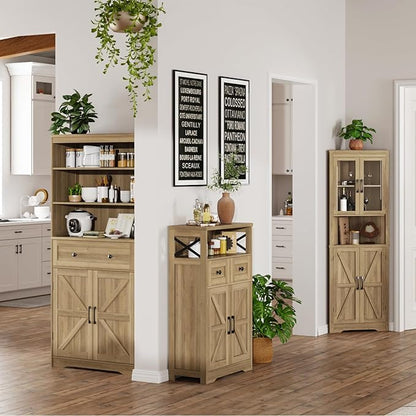 Natural Storage Cabinet with Doors and Shelves, Standing Kitchen Pantry Cabinet, Floor Storage Hutch Cupboard, Coffee Bar Station for Dining, Living Room, Home Office