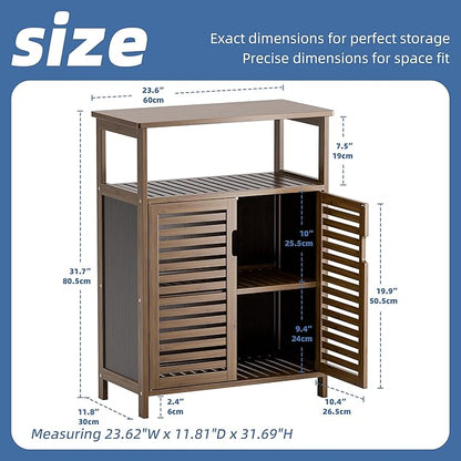 HITNET Walnut Bathroom Floor Cabinet, Bamboo Side Tall Storage Organizer, Freestanding Kitchen Cupboard with Door and Shelf