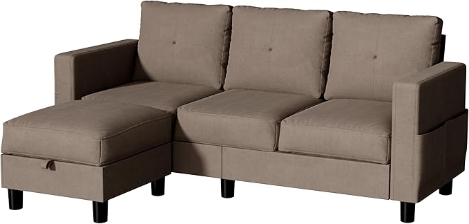JY QAQA Convertible Sectional Sofa Couch with 3-Seat Sofa, L-Shaped Ottoman Couch with Modern Linen Fabric for Small Living Room, Apartment and Small Space(Brown)