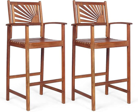 COSTWAY Bar Stools Set of 2, Outdoor Acacia Wood Bar Chairs with Sunflower Backrest, Curved Armrests & Breathable Seat, Ideal for Balcony, Sunroom, Patio, Easy Assembly