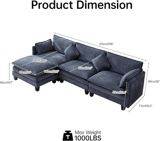 108" Modern L-Shaped Sectional Sofa with USB & Type-c Port Charger, Modular Cloud Couch, Deep Seating Chenille Fabric 4-Seater with Ottoman and Pillows for Living Room (Blue)