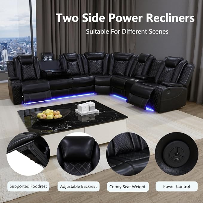 Power Reclining Sectional Sofa, Black Leather Couch with Recliners, Air Leather Sofa Couch with LED Lights/USB Port/Cup Holder for Living Room/Apartment/Office