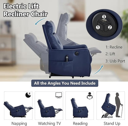 PELUMY Manual Lift Recliner Chair with Massage and Heat for Elderly, Single Motor Electric Lift Chair, Heavy Duty Recliner with USB Charging & Side Pockets (Breathable Leather, Dark Blue)
