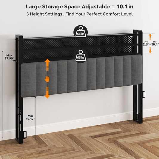 VINGLI Queen Size Headboard Only, Adjustable Upholstered Headboard with 3 Tier Shelves and Pegboard with Charging Stations and LED Lights, Modern Bed Headboard with Storage for Bedroom Decor