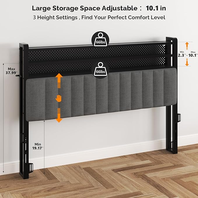 VINGLI King Size Headboard Only, Adjustable Upholstered Headboard with 3 Tier Shelves and Pegboard with Charging Stations and LED Lights, Modern Bed Headboard with Storage for Bedroom Decor