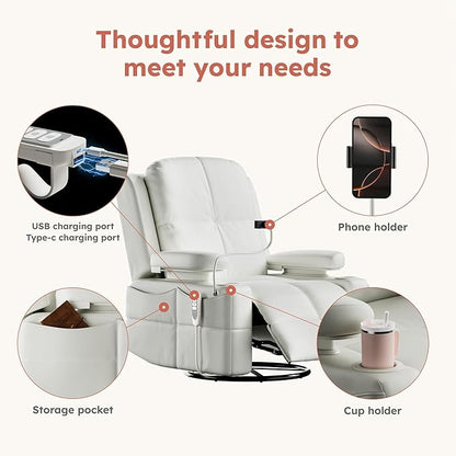 Triple Motor Power Swivel Rocker Recliner Chair with Adjustable Armrests for Adults Elderly, FSC Certified Faux Leather Rocking Chair Nursery for Breastfeeding(White)