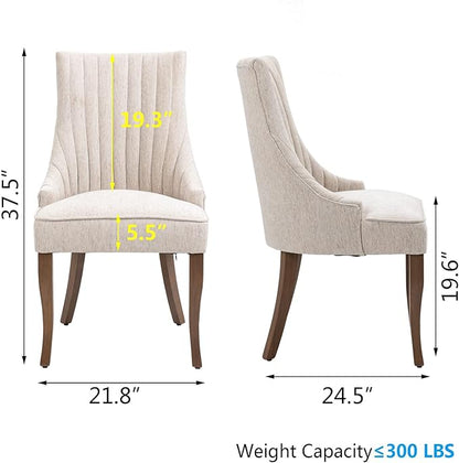 mikibama Linen Dining Chairs Set of 2 Channel Tufted Kitchen Dinner Chair Comfy Fabric Upholstered Accent Chair for Dining Room with Solid Wood Legs (Beige)
