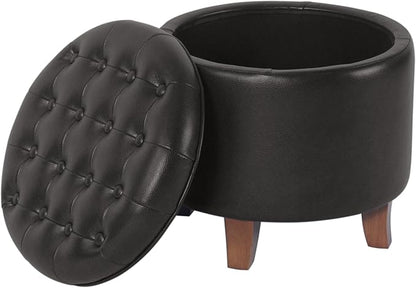 Homepop Home Decor | Upholstered Round Faux Leather Tufted Foot Rest Ottoman | Ottoman with Storage for Living Room & Bedroom | Decorative Home Furniture, Black Faux Leather