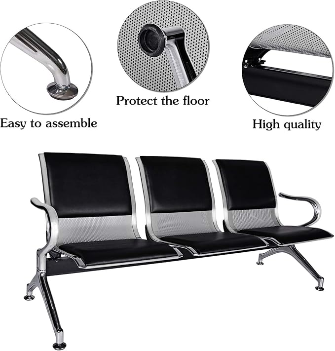 Kinsuite 5-Seat PU Leather Reception Bench - 2pcs Waiting Room Chairs with Arms & Non-Slip Foot Mats, Reception Chairs Guest Chair for Office Airport Bank Salon, Black
