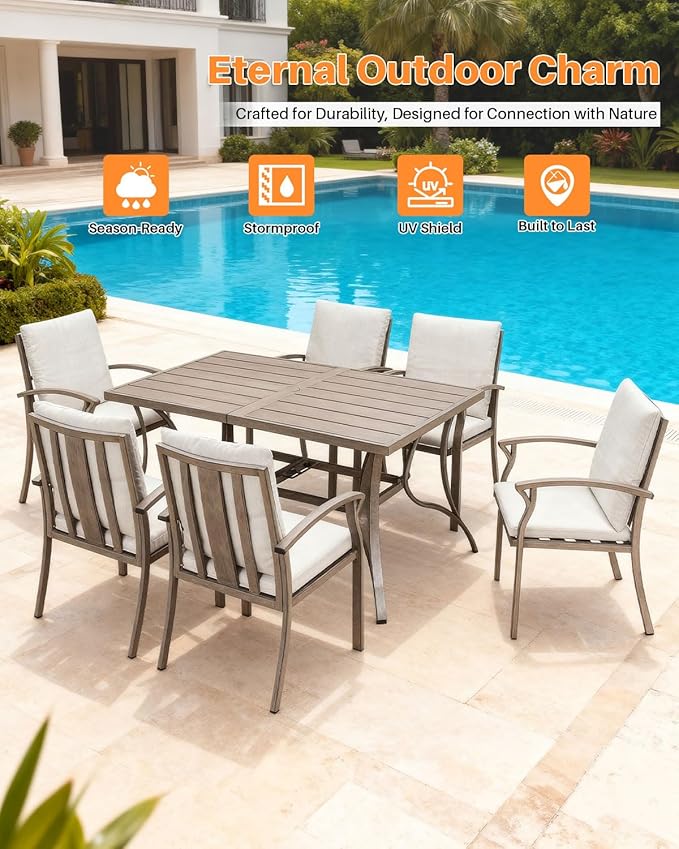 7-Piece Outdoor Patio Dining Set, Aluminum Patio Dining Set with 2.2" Umbrella Hole, Outdoor Table and Chairs with Cushions, Patio Furniture Sets for Lawn, Garden, Backyard, Limed Oak