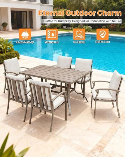 7-Piece Outdoor Patio Dining Set, Aluminum Patio Dining Set with 2.2" Umbrella Hole, Outdoor Table and Chairs with Cushions, Patio Furniture Sets for Lawn, Garden, Backyard, Limed Oak