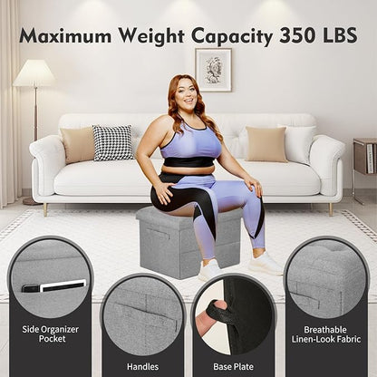 Folding Storage Ottoman, Linen Footstool Bench with Thicker Foam Padded Seat. Ottoman Foot Rest for Living Room, Bedroom, Home Office, Coffee Table. 350lbs Load Capacity, 17x13x13in, Light Gray