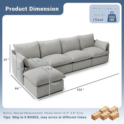124" Cloud Modular Sectional Sofa, Waterproof Down Filled Sectional Couch, High Backrest L Shaped 4 Seater Couch with Ottoman, Modern Modular Sofas with Removable Cover, Light Gray