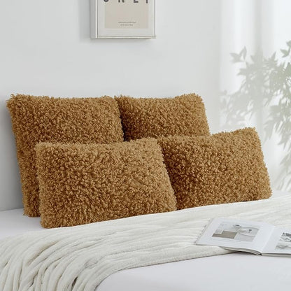 FUTEI Camel Decorative Throw Pillow Covers 22x22 Inch Set of 2,Soft Fluffy Faux Wool Fur Boucle Textured Cushion Case,Modern Home Decor for Couch Bed Living Room Office