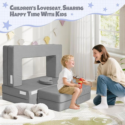 5 Pcs Modular Kids Play Couch, Toddler Couches That Fold Out, Plush Foam Chair for Children’s Playroom, Velvet Fabric Convertible Foam and Floor Cushion for Boys and Girls (Dark Gray,02)