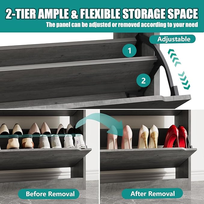 Shoe Storage Cabinet for Entryway with 2 Flip Drawers, Sturdy Wood Hidden Shoe Storage, Freestanding Narrow Slim Shoe Organizer for Front Door Entrance, Living Room, Hallway, Bedroom, Grey