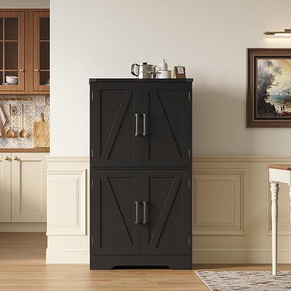 Treocho Bathroom Floor Cabinet, Farmhouse Bathroom Storage Cabinet with Doors and Adjustable Shelves, Freestanding Kitchen Pantry Cabinet, Cupboard for Living Room, Dining Room, Black