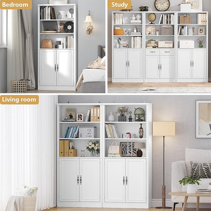72'' Tall Bookcase with Doors, Adjustable Shelves, P2 MDF Construction, 32'' Wide Freestanding Cabinet with Metal Handles, Hidden Storage for Living Room, Bedroom, White