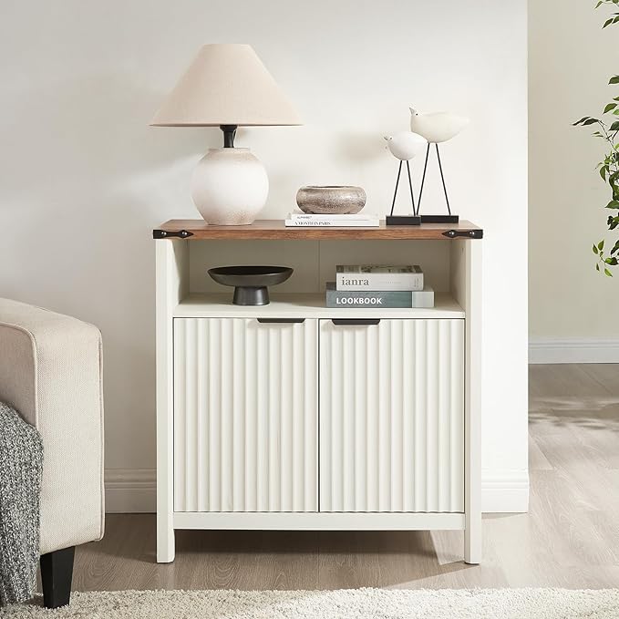 Buffet Cabinet with Storage - Modern Farmhouse Rustic 32 Fluted Sideboard Storage Cabinet Buffet with Adjustable Shelves, Coffee Wine Bar Organizer for Dining Room (Antique White)