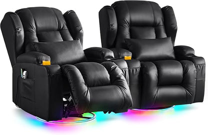 Power Swivel Rocker Recliner Chairs, Electric Wall Hugger Reclining Sofa with Massage & Heat, Comfy Theater Seating Single Chair with LED Light/USB/Type-C Ports (Leather Black, Set of 2)